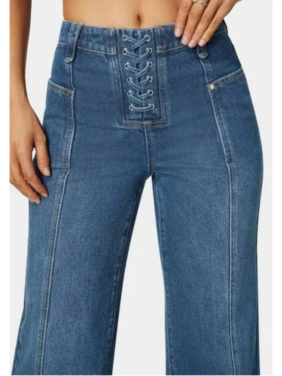 Bebe NWT High Waist Lace Up Wide Leg Jeans Size 32 - Picture 3 of 15